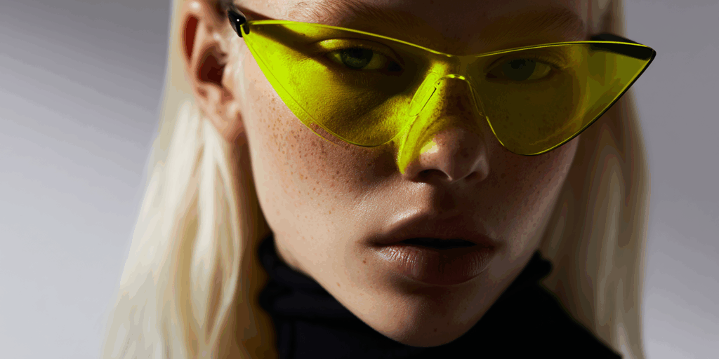 KI generiertes Bild von Frau mit gelber Brille